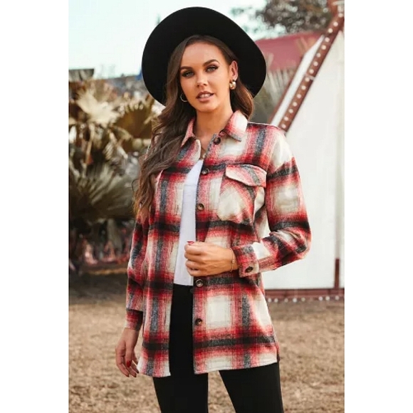 LAST ONE! Plus Size SIMONE Red And Black Long Sleeve Plaid Jacket With Pockets - Picture 3 of 5